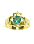 14k yellow gold genuine colombian emerald claddagh ring for women.