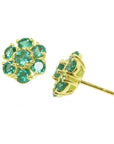 18K yellow gold emerald cluster earrings, front and side positions side profile view.