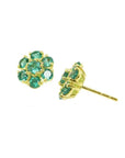 18K yellow gold stud earrings with round-cut Colombian emerald clusters forming a vibrant green flower.
