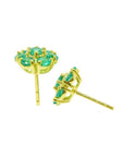 Colombian emerald cluster stud earrings with six round-cut petals in 18K yellow gold.