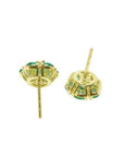 Colombian emerald cluster stud earrings with six round-cut petals in 18K yellow gold.