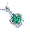 Emerald cluster necklace round cut sparkling Muzo mine Colombian emeralds into five petal clover natural diamonds