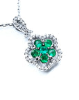 Emerald cluster necklace round cut sparkling Muzo mine Colombian emeralds into five petal clover natural diamonds