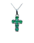 Natural colombian emerald cross pendant necklace crafted in 14k white gold with exquisite craftsmanship.