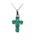 Natural colombian emerald cross pendant necklace crafted in 14k white gold with exquisite craftsmanship.