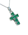 Emerald cross pendant necklace round-cut natural Colombian emeralds in an individual prong setting.