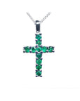 18K white gold cross pendant necklace with 0.55 ct. round-cut emeralds, prong set on a delicate chain.