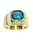 Natural colombian merald-cut men's emerald ring bezel set crafted in 18k yellow gold.
