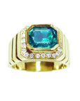 Front position top view of an emerald-cut men's emerald ring bezel set crafted in 18k yellow gold.