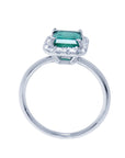 A lateral profile view, top, gallery and band of this emerald ring.