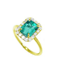 1.69 ct emerald-cut Colombian emerald halo diamond ring in 14K yellow gold.