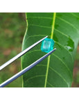Emerald-cut 1.41 carat natural loose Colombian emerald, medium deep bluish green, held by tweezers over a leaf.