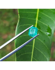 Emerald-cut 1.41 carat natural loose Colombian emerald, medium deep bluish green, held by tweezers over a leaf.