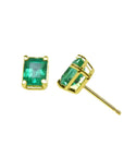Emerald-cut natural emerald stud earrings, 1.29 ct, set in 14K yellow gold basket settings.