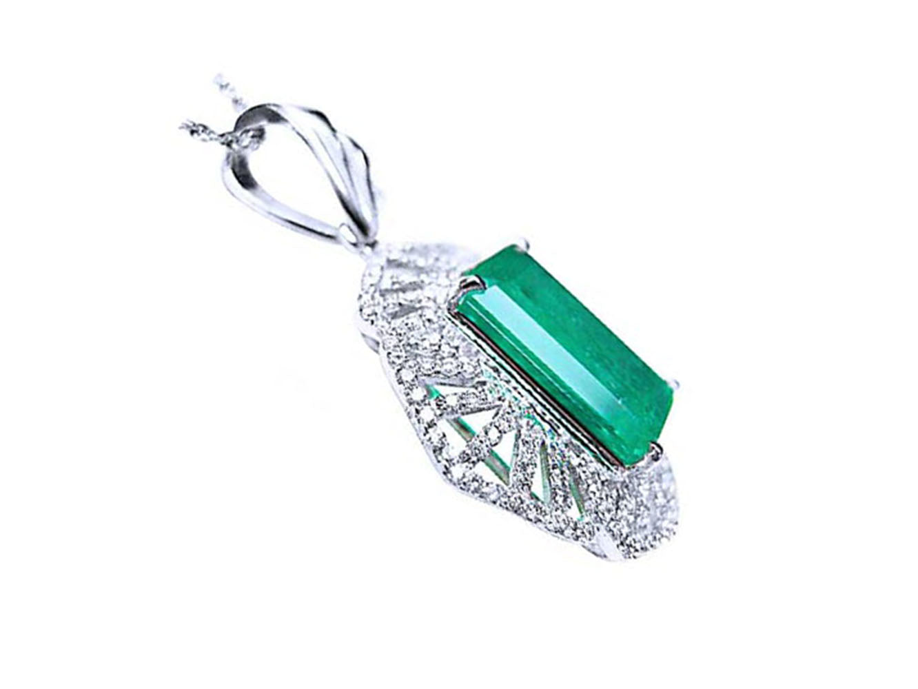 The underside view of a natural emerald-cut emerald pendant in white gold and accent diamonds.