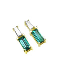 Pair of minimalist baguette cut emerald and diamond stud earrings, made of 14k yellow gold.