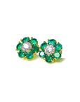 18K yellow gold flower cluster earrings with Colombian emeralds and a central diamond.