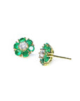 18K yellow gold flower cluster earrings with green Colombian emeralds and a sparkling diamond center.