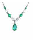 Colombian emerald necklace natural diamonds pear shaped linked in 14k white gold individual settings. May birthstone.