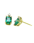 14K yellow gold stud earrings with rectangular Colombian emeralds and accent diamonds.