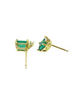 Colombian emerald and diamond stud earrings in 14K yellow gold, rectangular cut.