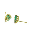 14K yellow gold stud earrings with rectangular Colombian emeralds and accent diamonds.