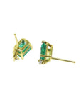 14K yellow gold stud earrings with rectangular Colombian emeralds and accent diamonds.