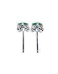 Emerald and diamond tulip stud earrings in 14K white gold with deep bluish-green gems.
