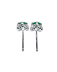 Emerald and diamond tulip stud earrings in 14K white gold with deep bluish-green gems.