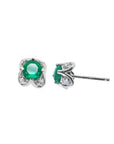 Emerald and diamond tulip stud earrings in 14K white gold with sparkling bluish-green stones.