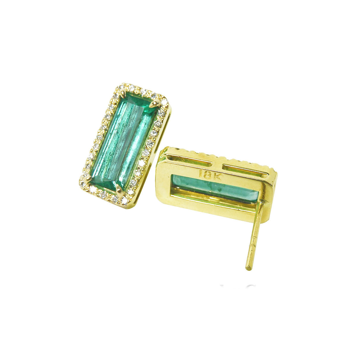 Front and back positions of a natural emerald stud earrings with yellow gold frames halo diamond underside view.