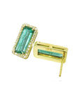 Front and back positions of a natural emerald stud earrings with yellow gold frames halo diamond underside view.