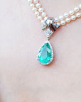 Gift for Mother's Day emerald enhancer necklace pear cut medium green hue 6.01 carats encircle by a halo of natural diamonds