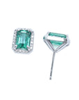 Pair of emerald stud earrings on two positions top and underside profile view.