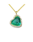 Women's emerald heart cut Colombian tilted heart shaped halo natural diamond handcrafted in 18k yellow