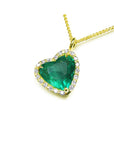 Mother's Day gift heart cut emerald necklace tilted heart shaped halo natural diamond handcrafted in 18k yellow