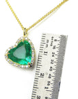 Real Colombian emerald necklace for women tilted heart shaped halo natural diamond handcrafted in 18k yellow
