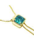 Emerald lariat necklace, square emerald-cut natural from Muzo Colombia, 14k yellow gold