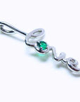 May birthstone emerald love pendant necklace in white gold top and side profile view.