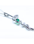 May birthstone emerald love pendant necklace in white gold top and side profile view.