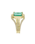 Emerald engagement ring: 2.86 ct. medium green emerald, 18K yellow gold, three rows of diamonds.