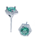 Emerald May birthstone stud earrings with hexagonal halo diamond, top and underside profile views.