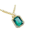 Women's emerald necklace emerald-cut natural deep green bluish color, encircled by a halo diamond high quality