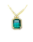 Gift for Mother's Day emerald necklace emerald-cut natural emerald deep green bluish color, encircled by a halo diamond high quality