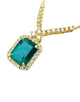 USA made Emerald necklaces for women emerald-cut natural emerald deep green bluish color, encircled by a halo diamond
