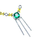 Muzo Colombian emerald kisses and hugs necklace with the meaning of love and hope, set in 14k white and yellow gold