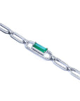 14K white gold paper clip bracelet with a rectangular emerald center stone surrounded by diamonds.