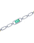 14K white and yellow gold paperclip bracelet with an emerald-cut green emerald and diamond halo.
