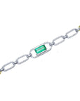 14K white and yellow gold paperclip bracelet with an emerald-cut green emerald and diamond halo.