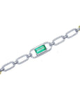 14K white and yellow gold paperclip bracelet with an emerald-cut green emerald and diamond halo.